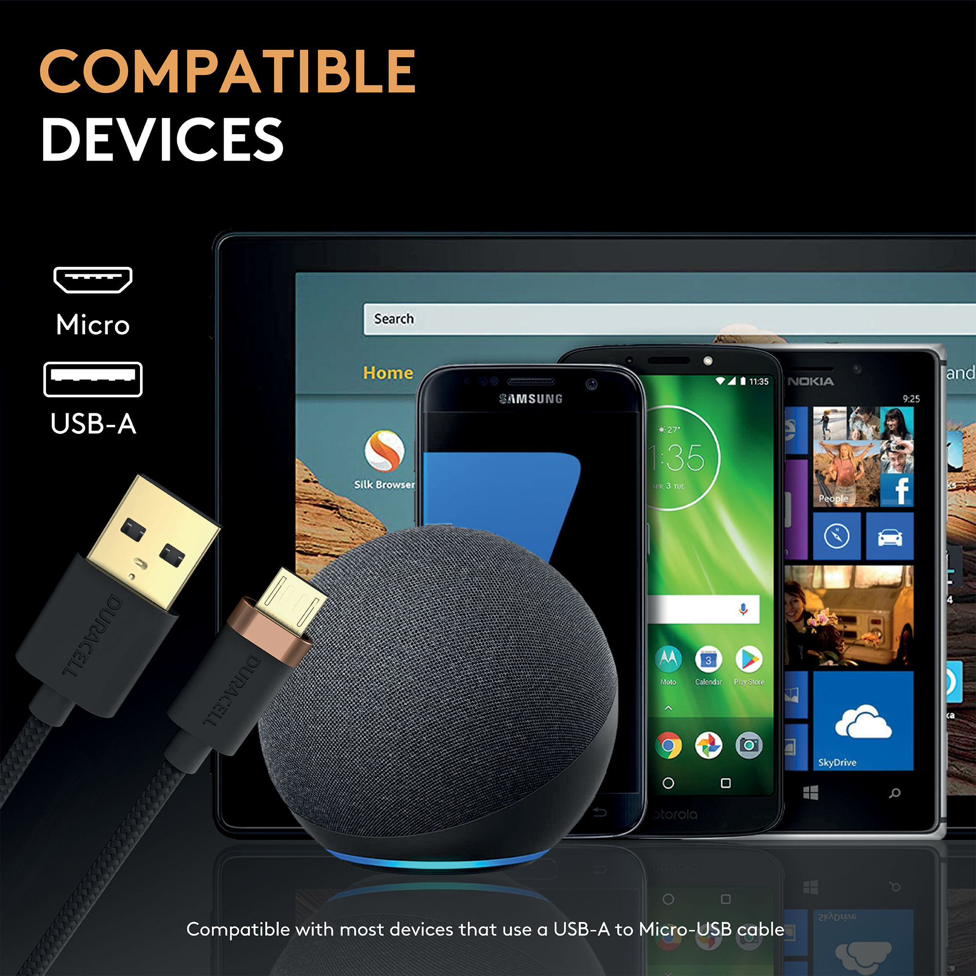 Duracell 1m USB-A'dan Micro'ya Şarj Kablosu