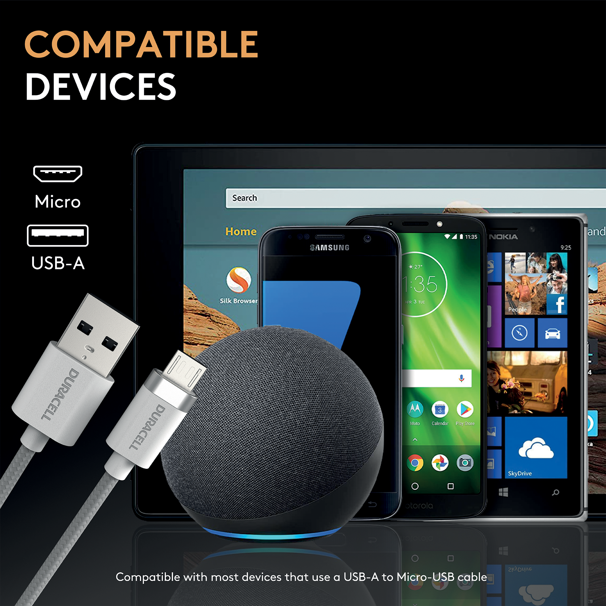 Duracell 1m USB-A'dan Micro'ya Şarj Kablosu
